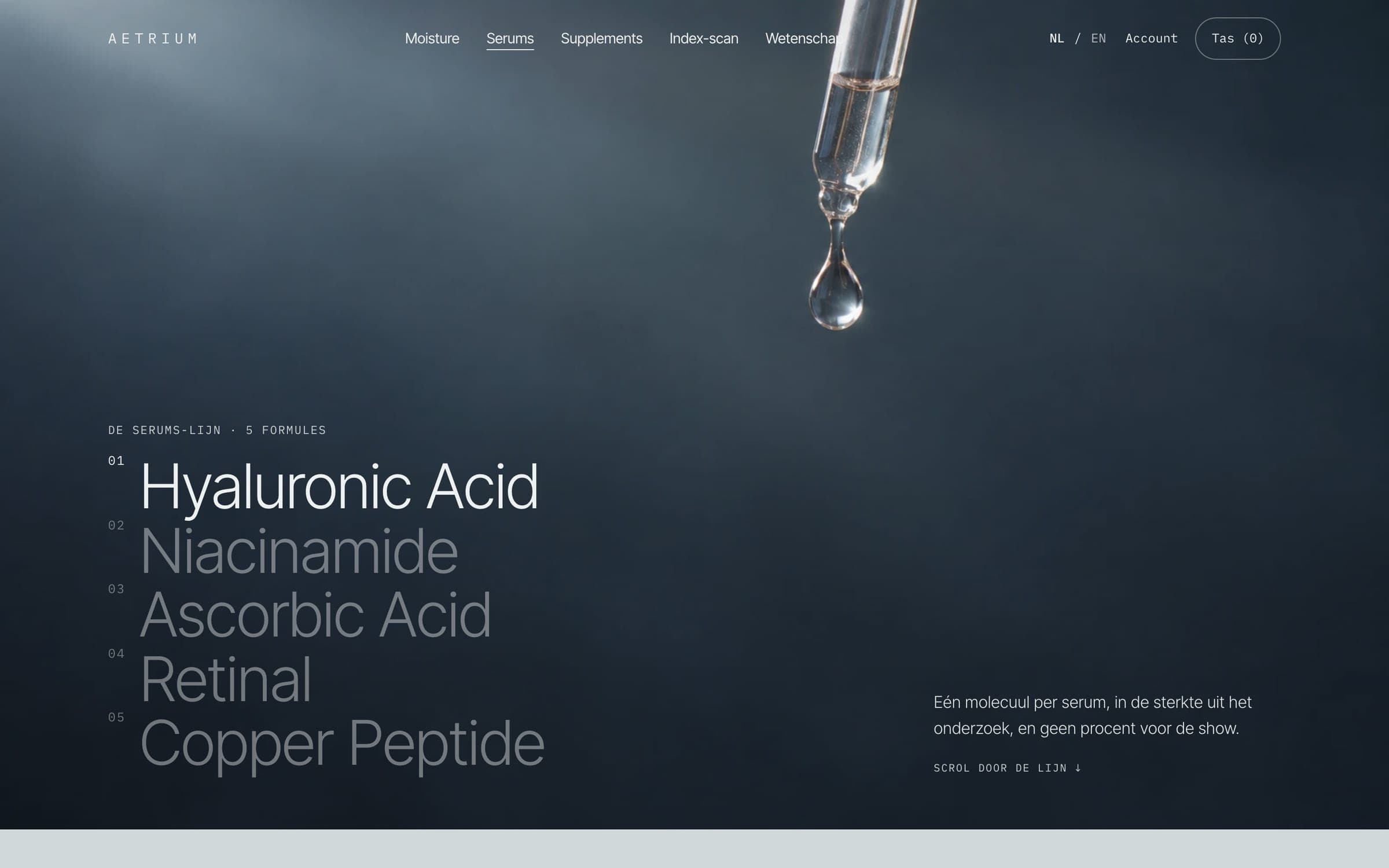 De serums-pagina: vijf formules boven een pipet met een druppel