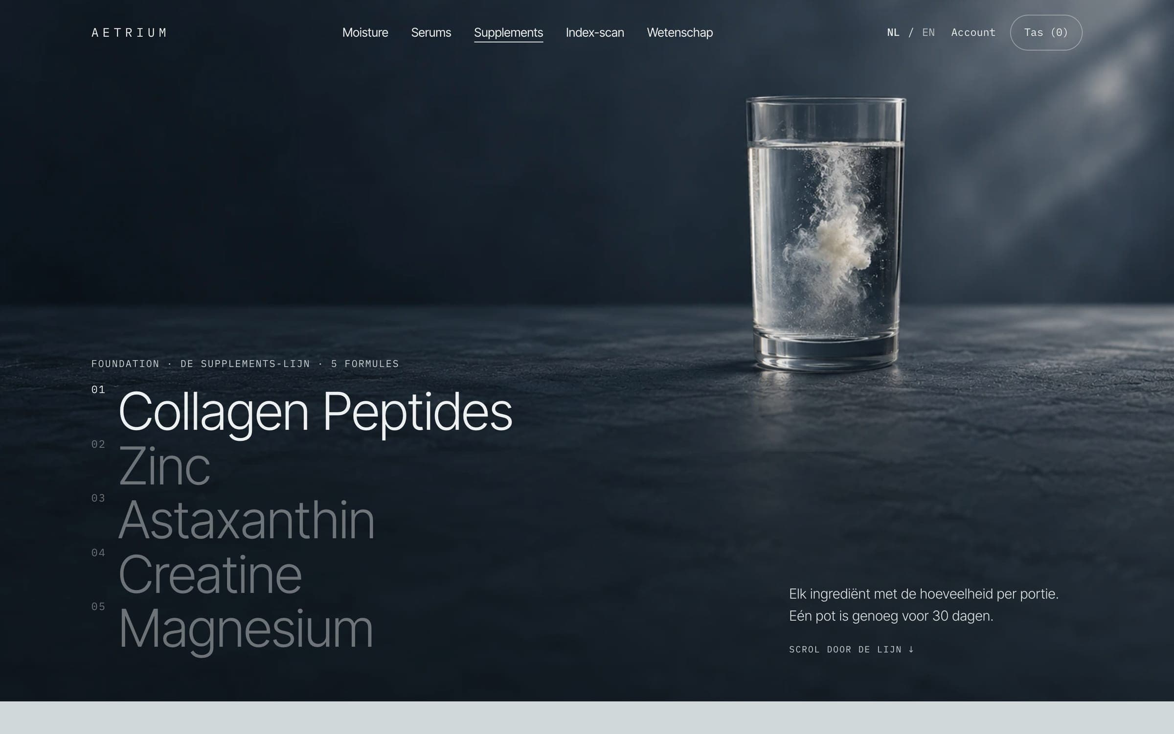 De supplementenpagina: vijf formules boven een macro van capsules
