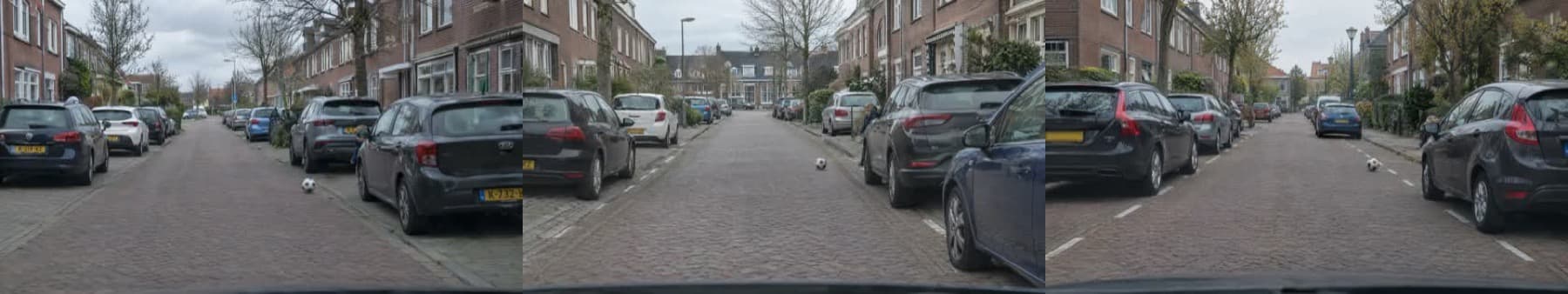 Drie gegenereerde kandidaten van een bal die tussen geparkeerde auto's rolt in een Nederlandse straat