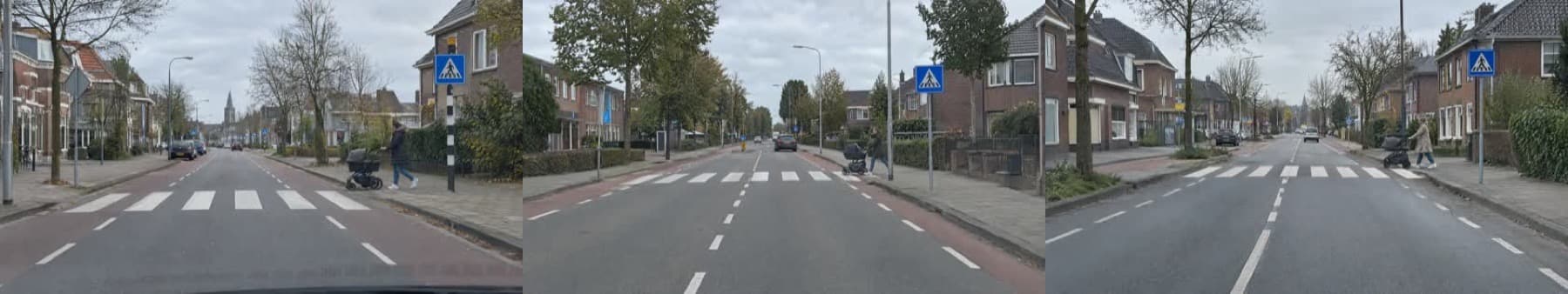 Drie gegenereerde kandidaten van een voetganger met kinderwagen bij een zebrapad